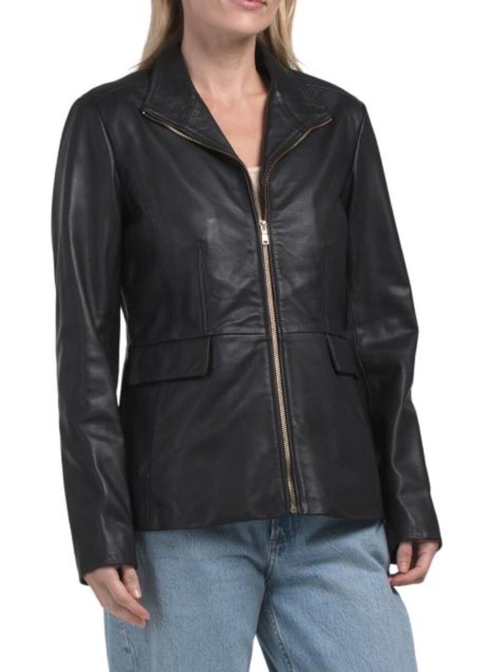 COLE HAAN Leather Wing Collar Jacket